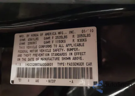 2010 Honda Accord 3.5 Ex-L из США, поврежденный, VIN 1HGCS2B87AA004601